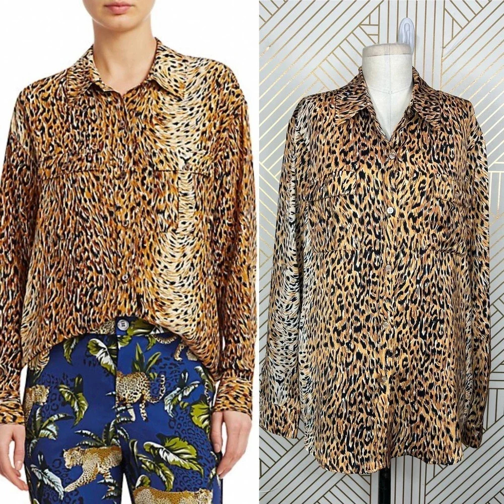 Le Superbe Cheetah Print Walking Safari Button-Down Top Tan Black Size 10